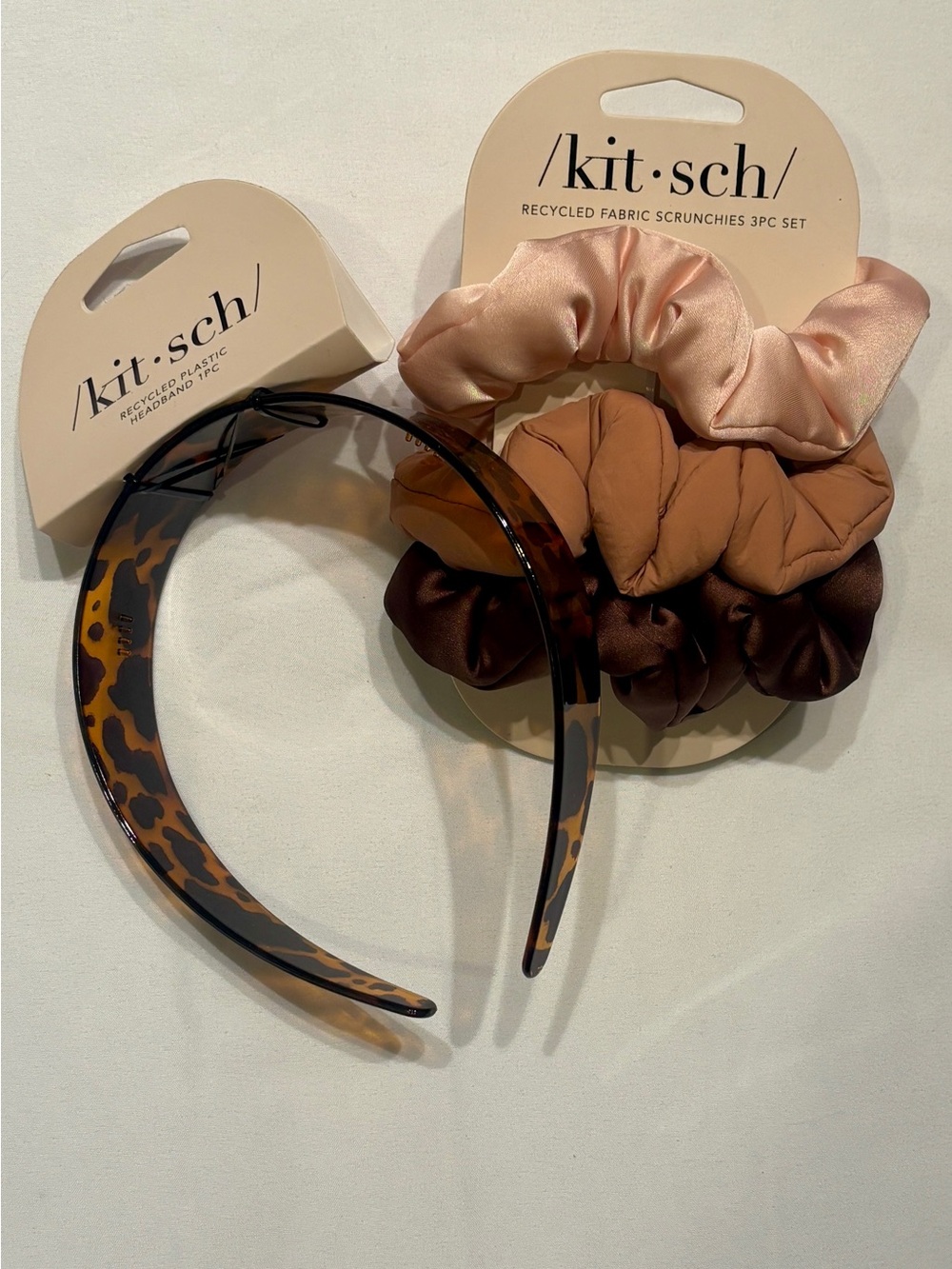 kitsch Satin Scrunchie 3pc Set with Tortoiseshell Headband - Blush, Tan, Brown